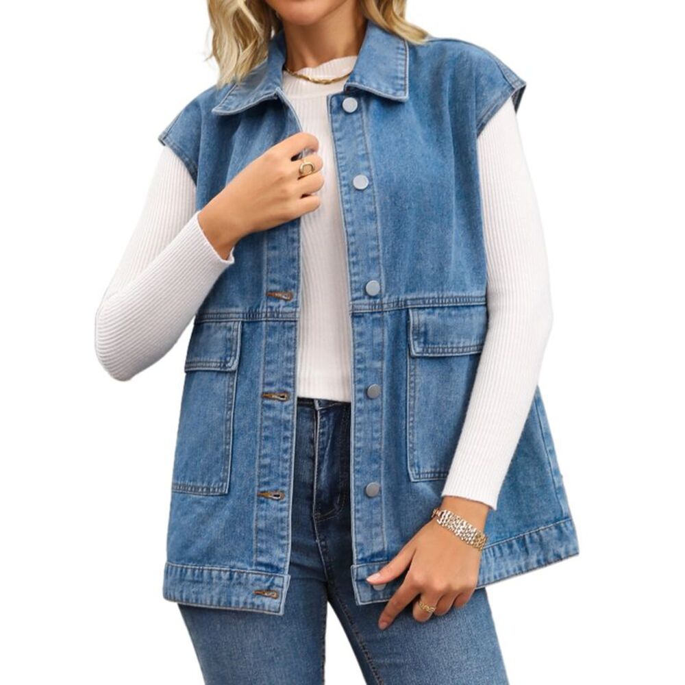 Womens Oversized Denim Utility Sleeveless Button Down Jean Jacket Blue